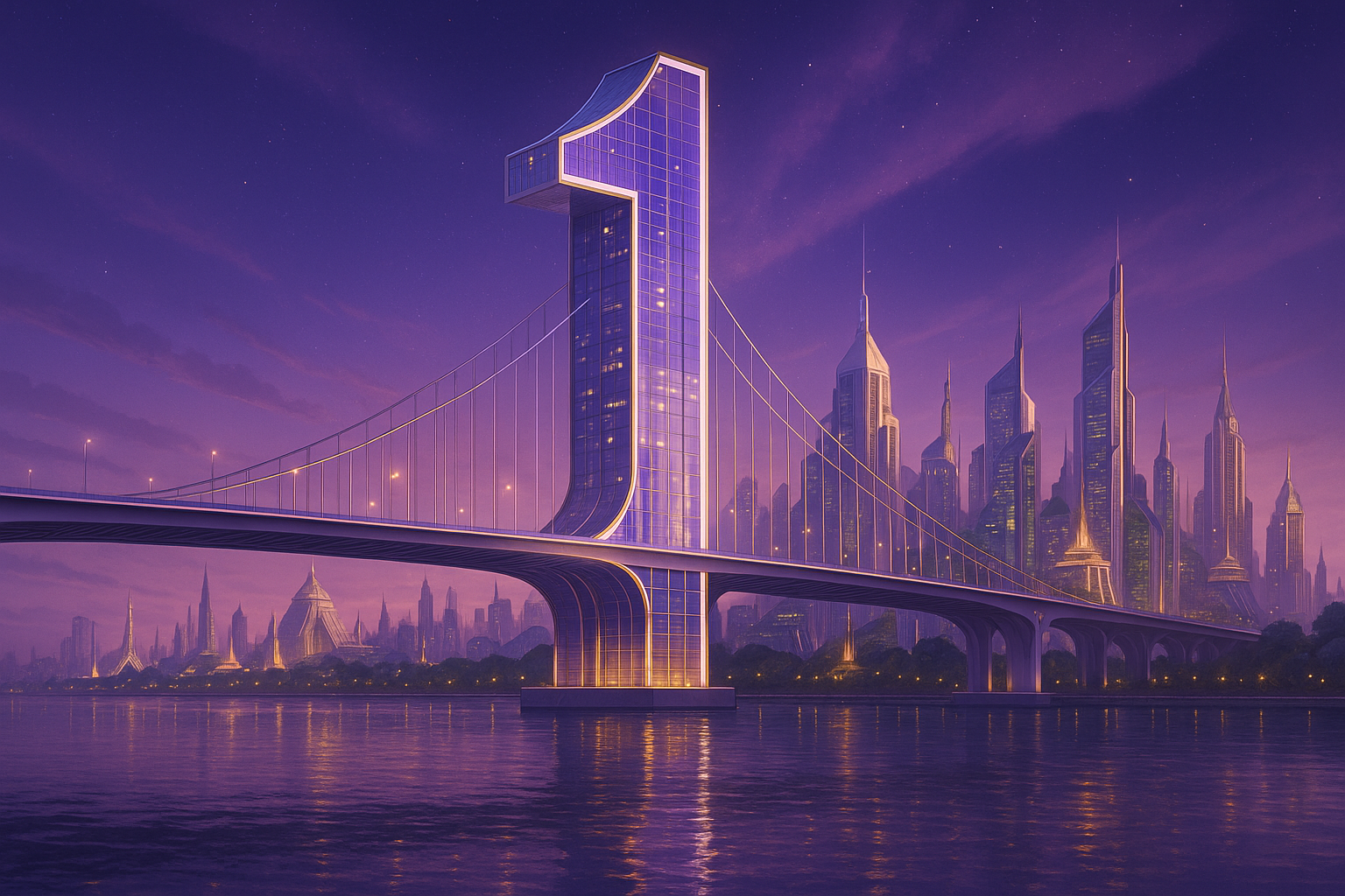 A massive golden gateway shaped like a number “1” leading into the Onegodian Sovereign City. The city skyline is made of glowing temples, high towers, and green vertical gardens rising into a starlit cosmos.