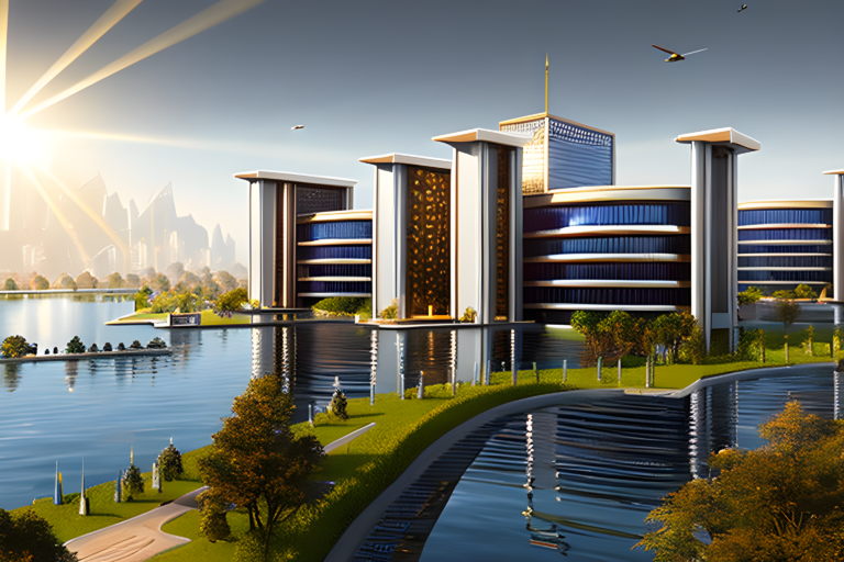 a-onegodian-future-city-with-sun-rays-a-onegodian-headquarters-building-and-lakes-3d-trending-on-ar-333702636